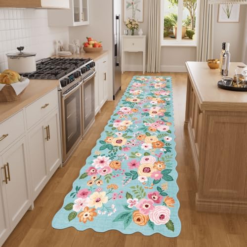 DUKINO 2x8 Washable Runner Rug, Floral Non Slip Kitchen Runner Rug, Teal - Image 3