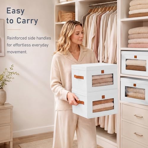 DIMJ Storage Bins with Lids - 4 Pack Front Opening Stackable Fabric Storage Boxes with Clear Window & Handles, Collapsible Closet Organizers for Clothes, Sweaters, Shelf Storage, Bedroom, White - Image 5