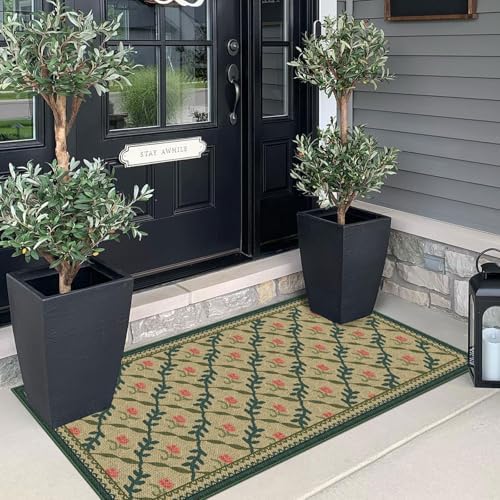 Front Door Mat Indoor Entrance - 2x4.3 Khaki Floral Trellis Rug - Image 4