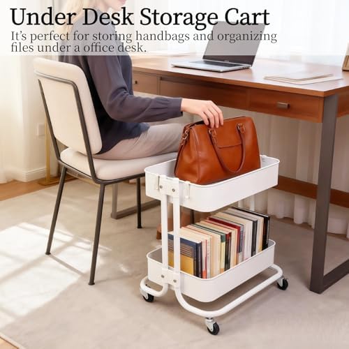 2 Tier Under Desk Storage Cart with Wheels Heavy Duty Metal Short Rolling Pantry Storage Cart for Small Space, Utility Trolley for Kitchen Bathroom Laundry Cute Snack Craft Organizer, White - Image 3