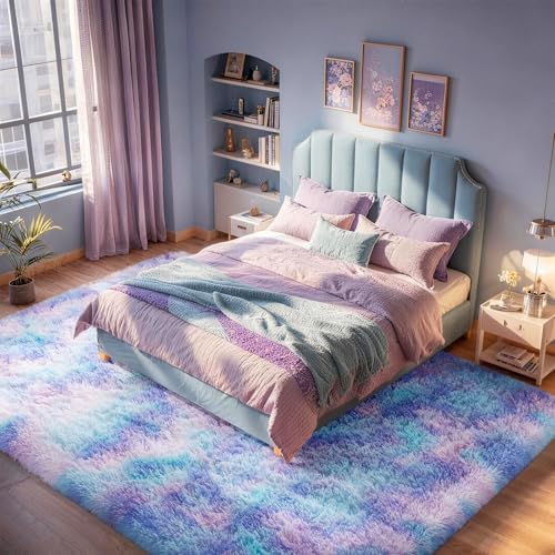 Ophanie Rainbow Purple Mermaid Rugs for Living Room 6x9,Kids Fluffy Shag Fuzzy Plush Soft Carpets,Floor Shaggy Area Rugs for Bedroom,Carpet for Kids Girls Dorm Decor with Over 99 pcs Pile fibers - Image 5