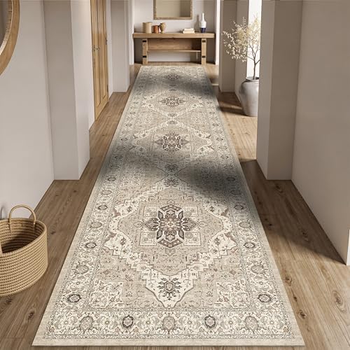 Washable 2'6x12 Hallway Runner Rugs, Vintage Non-Slip Low Pile Rugs Beige by Winslssol