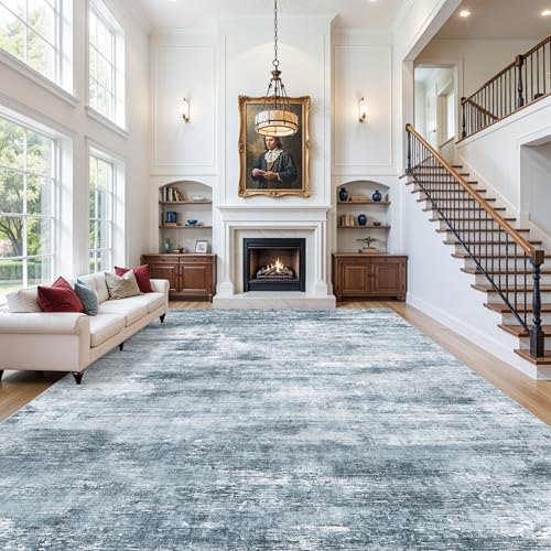 Extra Large Living Room Rug 12x18ft Washable Modern Abstract Neutral Oversize Rug for Bedroom, Dining Room, Family Room Non-Slip Low-Pile Thin Stain-Resistant Carpet (Misty Blue Gray) by ZHXXUJ