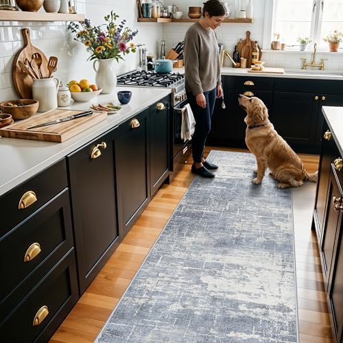 Hallway 2x8 Washable Runner Rug: Abstract Stain Resistant Kitchen Entryway Rugs Farmhouse Ultra Soft Bathroom Bedroom Print Floor Mat Thin Non-Slip Indoor Carpet for Living Room Laudry(2x8,Blue/ivory) - Image 2
