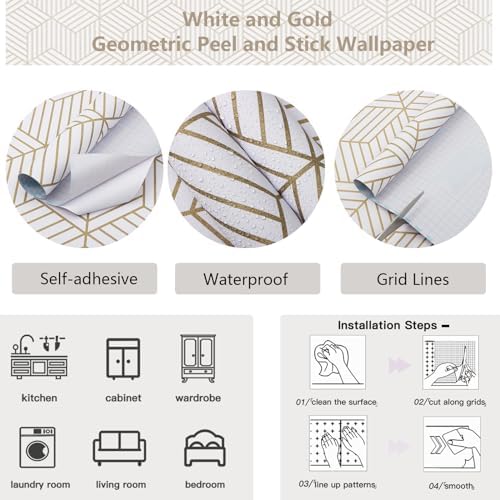 CiCiwind Peel and Stick Wallpaper Boho Wall Paper Modern White and Gold Geometric Contact Paper for Cabinets Removable Self Adhesive Bathroom Wallpaper for Bedroom Papel Tapiz para Pared 15.7"x78.7" - Image 4