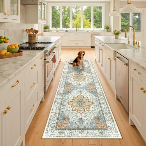 RELEANY Washable Area Rug, Runner 2'6"x8', Beige/Carbon Grey/Orange by RELEANY