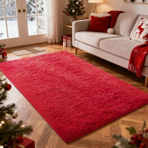 Ophanie Red Rugs for Bedroom Living Room, Fluffy Fuzzy Furry Carpet, Plush Soft Shaggy Bedside Indoor Floor 4x6 Area Rug for Kids Girls Boys Baby Teen Dorm Nursery Decor with Over 99 pcs Pile fibers by Ophanie