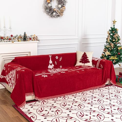 MYSKY HOME Sofa Covers for 2 Cushion Couch L Shaped Couch Cover, Washable Couch Covers with Tassels Boho Couch Cover Non Slip Super Universal Soft Sofa Slipcover for Kids, Dogs, Pets, 71"x102", Red by MYSKYHOME