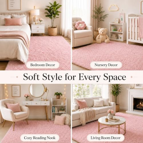 Ophanie Pink Rug for Bedroom Girls, Kids Fluffy Kawaii Fuzzy Furry Shag Area Rug, Cute Plush Soft Shaggy Bedside Indoor Floor 4x6 Carpet for Teen Nursery Dorm Home Room Decor Aesthetic - Image 3