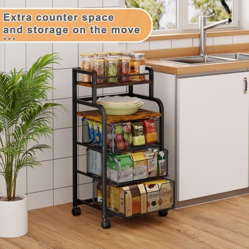 Kitchen Storage Cart with Wheels, Fruit Vegetable Spice Kitchen Rolling Cart, 4 Tier Pantry Organizer and Storage Cart with Drawer, Wooden Top Kitchen Organizer Rack Stand for Onion Potato Can Snack - Image 5