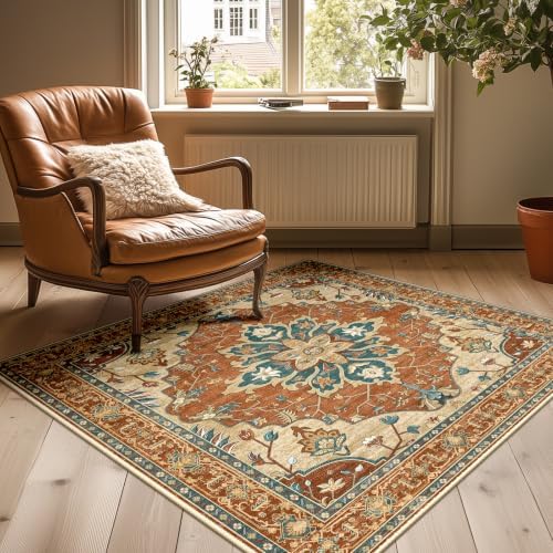 RELEANY Washable Area Rug, Square 4'x4', Red/Orange/Blue/Brown - Image 2