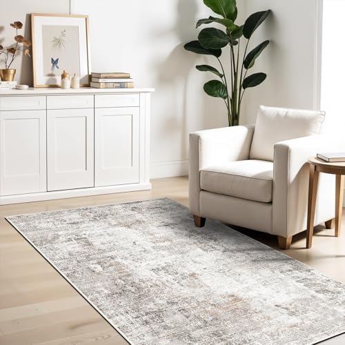 4x6 Washable Entryway Rug – Non-Slip Low-Pile Small Area Rug for Kitchen Bedroom Living Room Office – Modern Abstract Neutral Throw Carpet with Rubber Backing (Beige, Grey) - Image 4