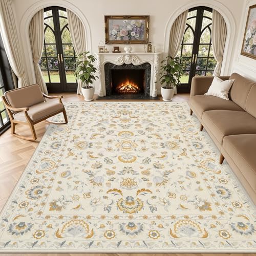 Area Rug 9x12 Living Room: Soft Floral Washable Boho Carpet Beige by EXPEDIX