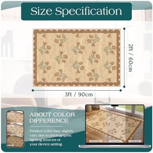 Front Door Mat Indoor Outside Entrance 2x3 Tan Floral Scalloped Rug - Image 2