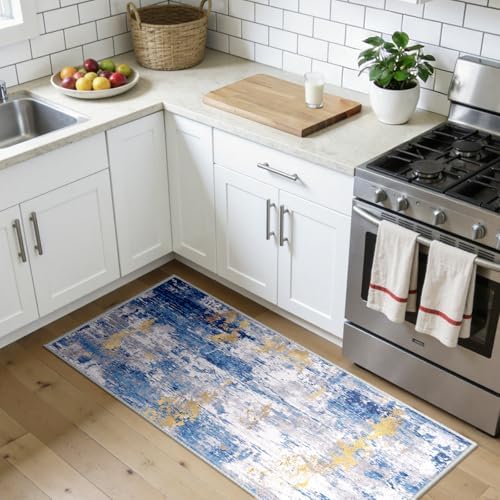 RELEANY Washable 2'x5' Abstract Area Rug for Living Room Blue Gold - Image 2