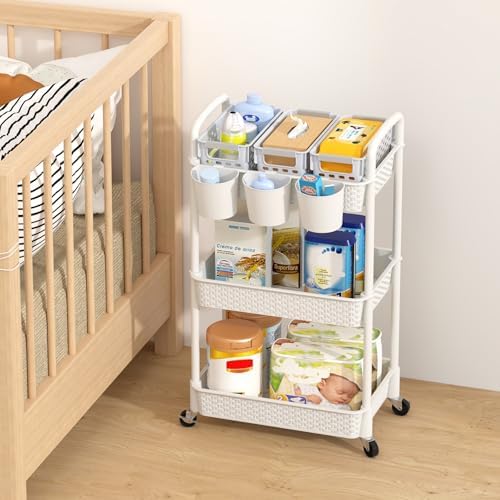 MOYIPIN 3-Tier Plastic Rolling Utility Cart with Handle,White - Image 3