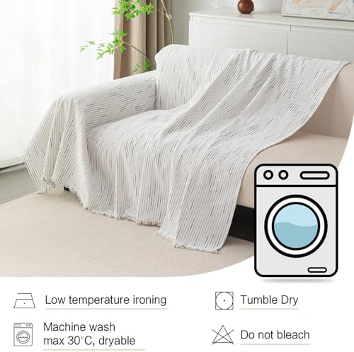 MYSKY HOME Boho Couch Cover White Sofa Covers with Tassel Farmhouse Sofa Slipcover Simple Couch Protector for Dogs Chenille Sectional Couch Covers L Shaped Couch Cushion Covers, 91"x 134" - Image 6