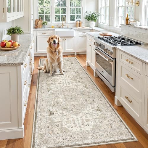 Madane Hallway Runner 3x8, Kitchen Rugs Washable Entry Rug, Ivory/Brown by Madane
