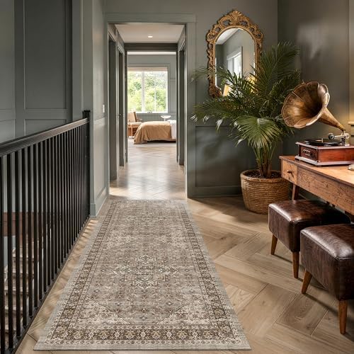 3x6 Washable Hallway Runner Rug, Vintage Non-Slip Low Pile Rugs Brown by Winslssol