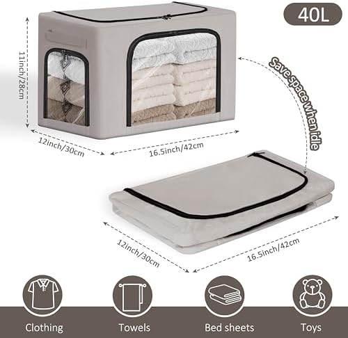 GuliPostan 3 Pack 40L Stackable Clothes Storage Bins with Metal Frame Handles & Zipper, Collapsible Closet Organizer Box with Lid for Bedding Blankets Towel (Light Grey) - Image 3