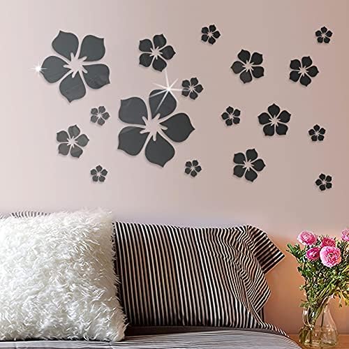 Philbinden Acrylic Mirror Floral Wall Stickers Self Adhesive Mirror Wall Decor Removable Mirror Decor 3D Flower DIY Wall Sticker for Living Room Bedroom Bathroom (Black) - Image 3