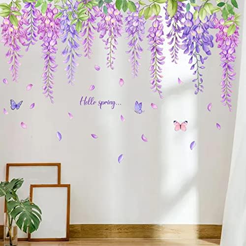 Hanging Green Vine Wall Decals,Succulent Plants Wisteria Floral Flowers Butterflies Birds Wall Stickers, Self-Adhesive Vinyl Removable Living Room Sofa TV Wall Decor - Image 4