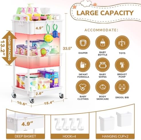 Goovilla Diaper Cart with Lockable Wheels and Easy Assembly, 3 Tier White - Image 4