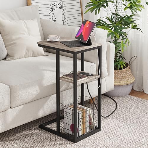 Vagusicc C Shaped End Table with Charging Station, Side Table for Couch, Small Side End Table for Small Spaces, 28" High Slide Under Sofa Table for Coffee, Tv Tray Table for Living Room, Greige - Image 2