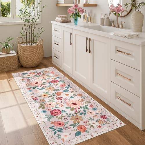 DUKINO 2x5 Runner Rug, Floral Washable Rug for Kitchen Non Slip, Beige - Image 3