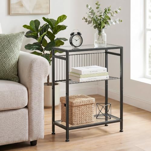 Glass Side Table, Tempered Glass End Table, 3-Tier Narrow Side Table with Magazine Holder, Small Nightstand with Modern Style, Skinny Snack Table in Living Room, Bedroom Study and Balcony, Black - Image 2