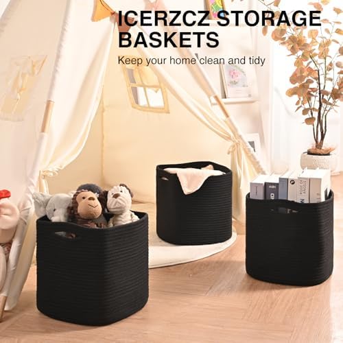 ICERZCZ 11 Inch Cube Storage Bins, Storage Cube Organizer Bins, Woven Cotton Rope Basket for Storage, Storage Baskets for Organizing Shelves, Square Baskets for Toys, Black (Pack of 3) - Image 6