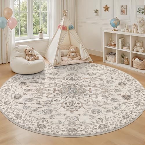 Round Area Rug for Living Room: 8ft Boho Washable Rug Brown Beige - Image 5