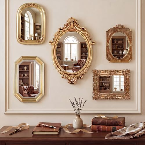 Wonderjune 5 Pcs Vintage Gold Mirror Set for Wall Decorative Resin Frame Ornate Antique Hanging and Tabletop Mirror for Home Dresser Gallery Decor Photography Props Gift (Baroque Style) by Wonderjune