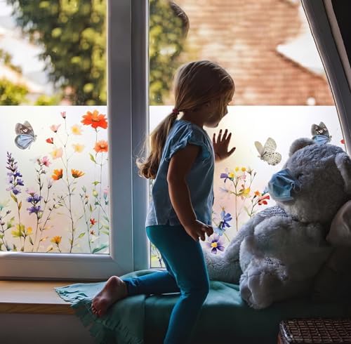 Static Cling Window Privacy Film, 78" x 17" Frosted Glass Covering with Wildflower & Botanical Patterns, Removable No Glue Window Film for Home Bathroom Bedroom Office (Butterfly Floral) - Image 5