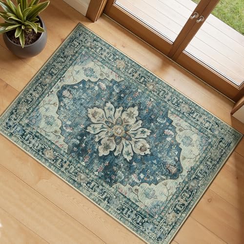 RELEANY Washable Area Rug, Small 2'x3', Blue/Vintage Dark Blue by RELEANY