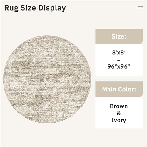 Soalmost Round Rugs 9ft Living Room Circle Area Rug 9x9 Brown Vintage - Image 5
