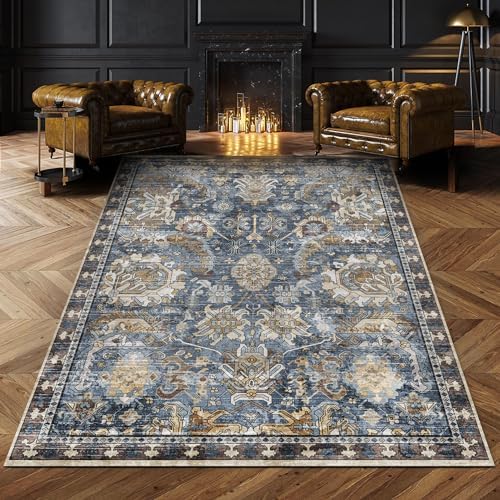 RUGSURE Washable Area Rugs - Perfect for Living Room, Bedroom, Kids Room, Nursery - Stain & Water Resistant Non-Slip, Pet & Child Friendly, Vintage Tribal Area Rugs (Navy, 6' x 9') by RUGSURE