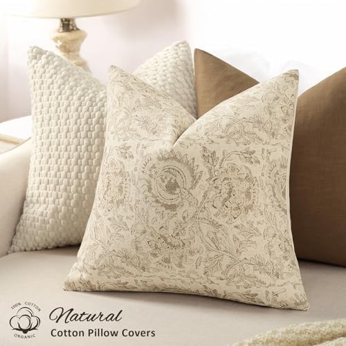 Vintage Floral Print Throw Pillow Covers 26x26 Set of 2 Neutral Modern Farmhouse Pillowcases Accent Decorative Cushion Covers Boho Home Decor for Couch Sofa Chair Bed Living Room, Natural Beige - Image 2