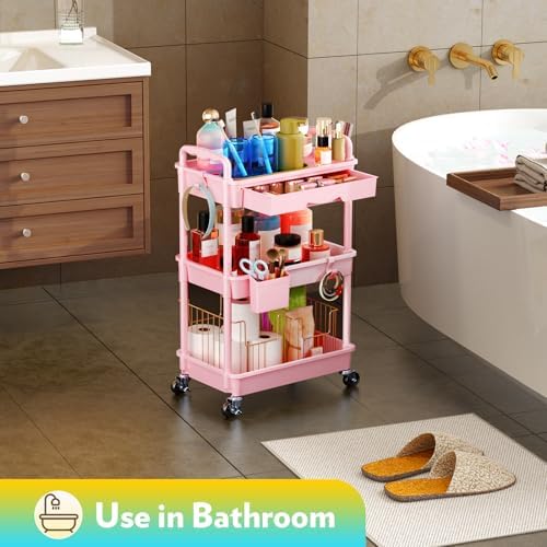 SUNALLY Makeup Cart Organizer with Drawer, 3 Tier Rolling Makeup Cart, Pink - Image 7