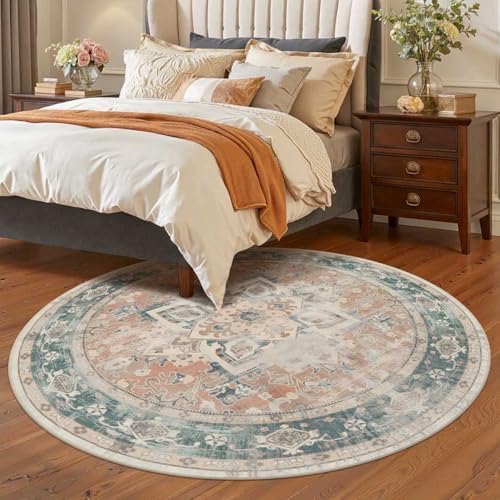 Orange Round Rug for Bedroom, Vintage Circle Rug(4ft) - Image 3
