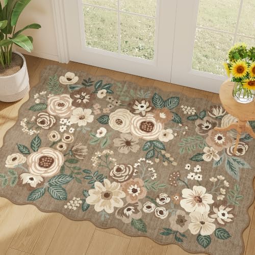 DUKINO 2x3 Rug for Entryway, Floral Door Mat Washable Rug, Light Taupe by DUKINO