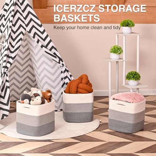 ICERZCZ 11 Inch Cube Storage Bins, Storage Cube Organizer Bins, Woven Cotton Rope Basket for Storage, Storage Baskets for Organizing Shelves, Grey Baskets for Toys, Gradient Grey (Pack of 3) - Image 6