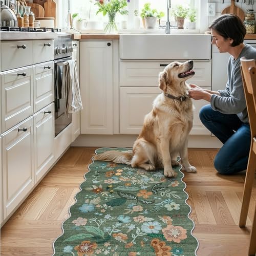 Washable Floral 2x4 Area Rug: Indoor Soft Scalloped Carpet for Entryway Kitchen Non-Slip Water Resistant Bathroom Laundry Floor Mat Low Pile Durable Nursery Door Mat Cute Home Decor(2x4 Floral/Green) - Image 6