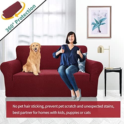 YEMYHOM Couch Cover Latest Jacquard Design High Stretch Sofa Covers for 2 Cushion Couch, Pet Dog Cat Proof Loveseat Slipcover Non Slip Magic Elastic Furniture Protector (Loveseat, Christmas Wine Red) - Image 2