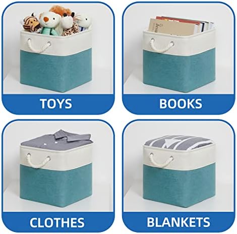 Temary Cubes Storage Baskets 11 Inch Cube Storage Bins 4 Pack Fabric Baskets for Gift Empty Teal Storage Bins for Shelves, Collapsible Fabric Storage Cubes Basket for Storage (White&Teal) - Image 5