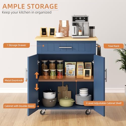 Shintenchi Kitchen Island cart with Storage, Portable Bar Cabinet on Wheels, Rolling Microwave Cart Side Table with Workstation for Kitchen, Dinning Room, Blue - Image 6