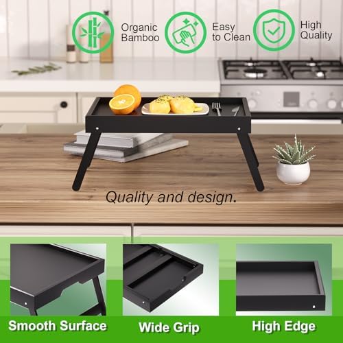 Fibogollo 4 Pack Bamboo Bed Tray Table with Folding Legs,Breakfast Trays,Serving Tray,Laptop Trays for Working,Food Snack Tray for Bed and Sofa(Black) - Image 4