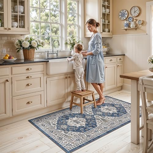 2x4 Non-Slip Entryway Area Rugs: Washable Stain Resistant Kitchen Carpet Printed Doormat Soft Low Pile Nursery Rug Vintage Small Floor Mat for Hardwood Bedroom Cozy Home Decor fot Family(2x4,Blue) - Image 5