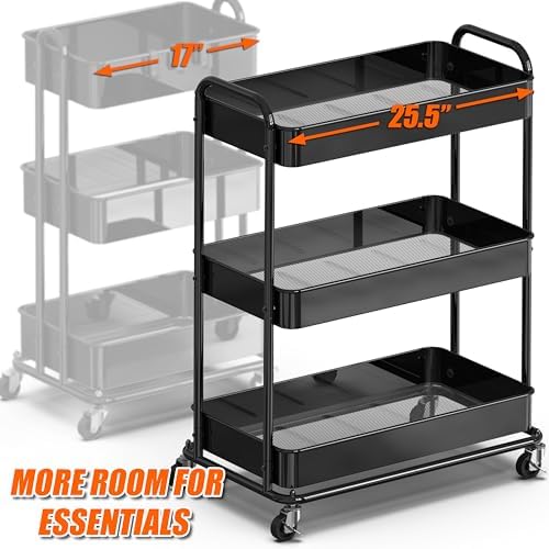 Simple Houseware 26" Extra-Wide 3-Tier Heavy Duty Metal Utility Cart, Black - Image 3