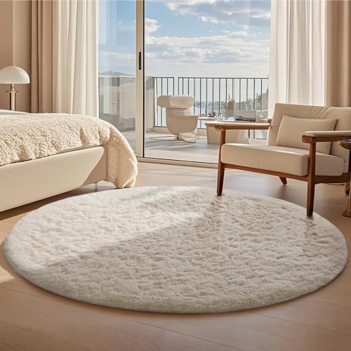 Ophanie Round Rugs 8Ft Ivory Circle Area Rug Washable, Large Living Room Aesthetic Decor, Fluffy Fuzzy Bedroom Big Carpet,Plush Soft Shaggy Cream for Kids Home Nursery with Over 99 pcs Pile fibers - Image 5